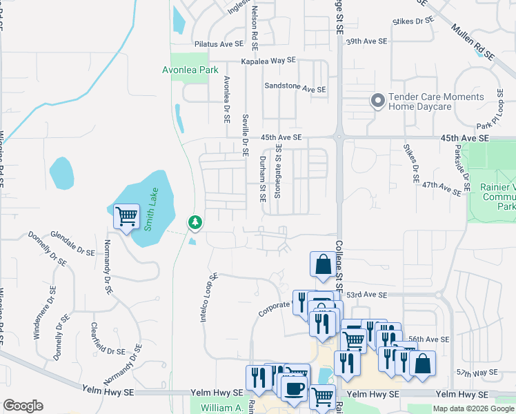map of restaurants, bars, coffee shops, grocery stores, and more near 4733 Seville Drive Southeast in Lacey