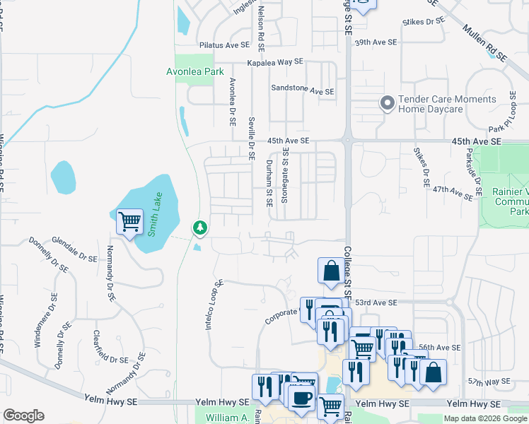 map of restaurants, bars, coffee shops, grocery stores, and more near 4809 Durham Street Southeast in Lacey
