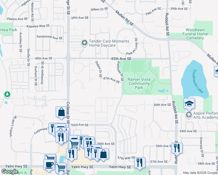 map of restaurants, bars, coffee shops, grocery stores, and more near 4716 Blueberry Court Southeast in Lacey