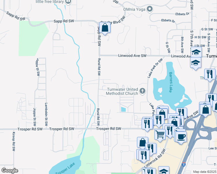 map of restaurants, bars, coffee shops, grocery stores, and more near 4862 Rural Road Southwest in Tumwater