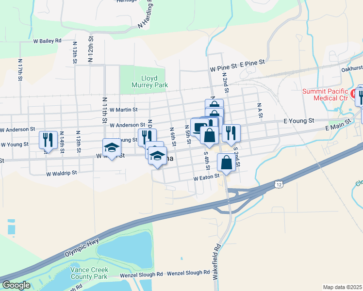map of restaurants, bars, coffee shops, grocery stores, and more near 600 West Main Street in Elma