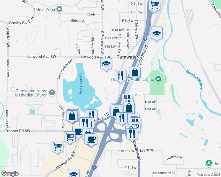 map of restaurants, bars, coffee shops, grocery stores, and more near 220 Little Street Southwest in Tumwater