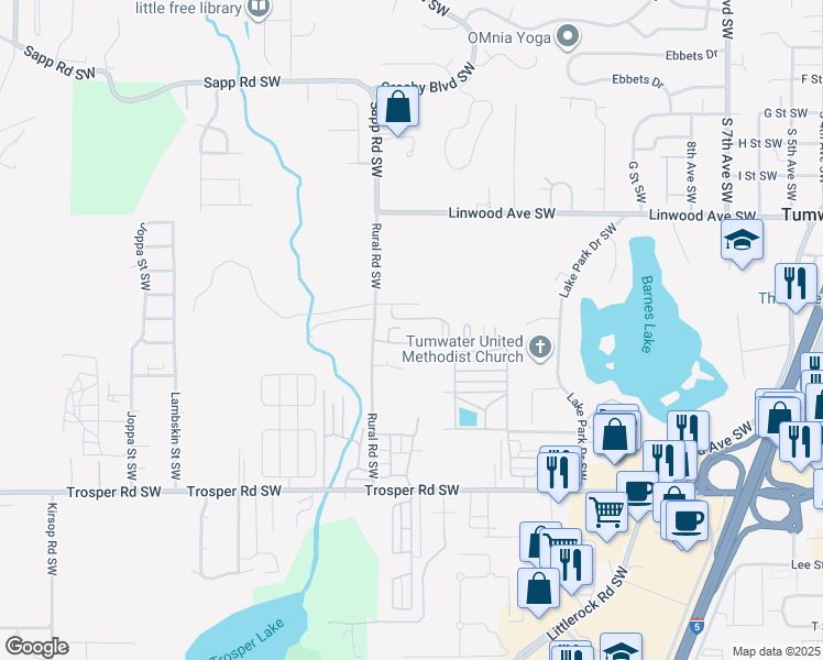 map of restaurants, bars, coffee shops, grocery stores, and more near 4862 Rural Road Southwest in Tumwater