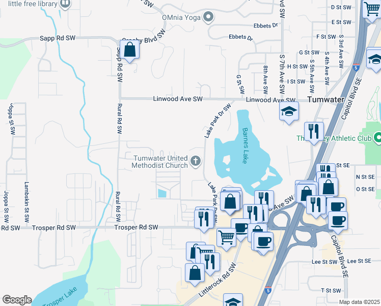 map of restaurants, bars, coffee shops, grocery stores, and more near 1229 Lake Park Drive Southwest in Tumwater