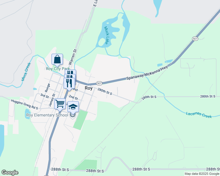 map of restaurants, bars, coffee shops, grocery stores, and more near 7915 280th Street South in Roy