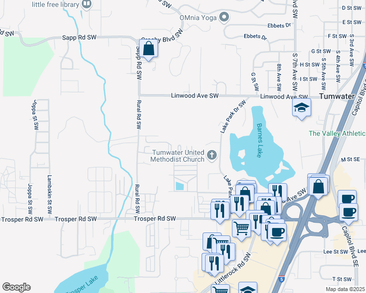 map of restaurants, bars, coffee shops, grocery stores, and more near 4874 Rural Road Southwest in Tumwater
