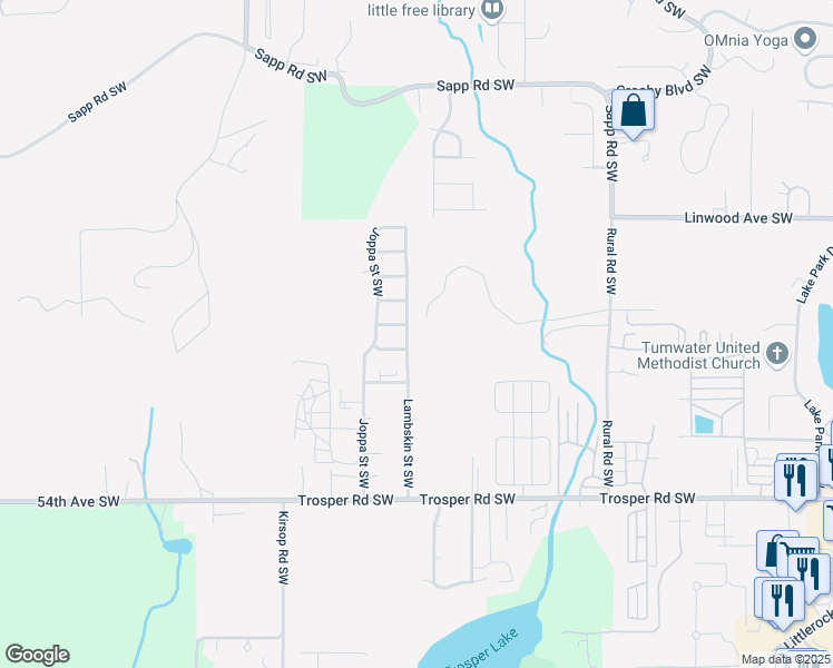 map of restaurants, bars, coffee shops, grocery stores, and more near 4902 Lambskin Street Southwest in Tumwater