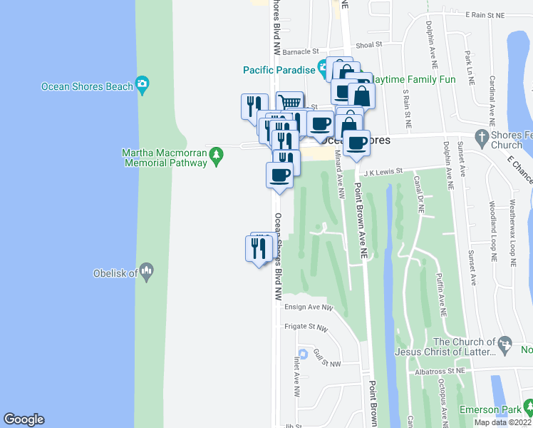 map of restaurants, bars, coffee shops, grocery stores, and more near 659 Ocean Shores Boulevard Northwest in Ocean Shores