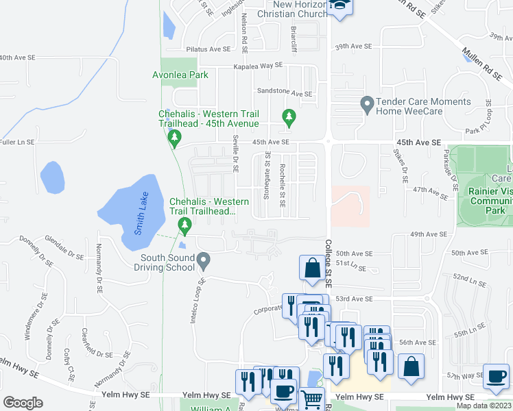 map of restaurants, bars, coffee shops, grocery stores, and more near 4732 Durham Street Southeast in Lacey