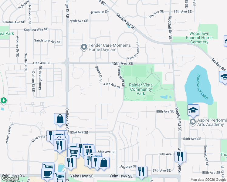 map of restaurants, bars, coffee shops, grocery stores, and more near 4716 Blueberry Court Southeast in Lacey