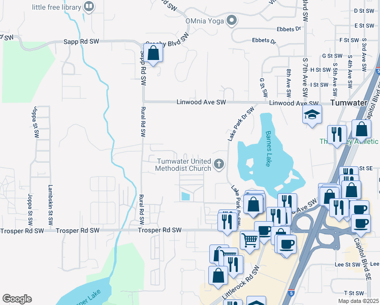 map of restaurants, bars, coffee shops, grocery stores, and more near 4882 Rural Road Southwest in Tumwater