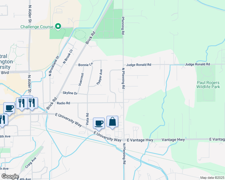 map of restaurants, bars, coffee shops, grocery stores, and more near 1203 North Canterbury Drive in Ellensburg