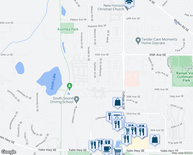 map of restaurants, bars, coffee shops, grocery stores, and more near 4726 Durham Street Southeast in Olympia