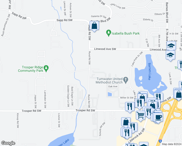 map of restaurants, bars, coffee shops, grocery stores, and more near 4854 Rural Road Southwest in Tumwater