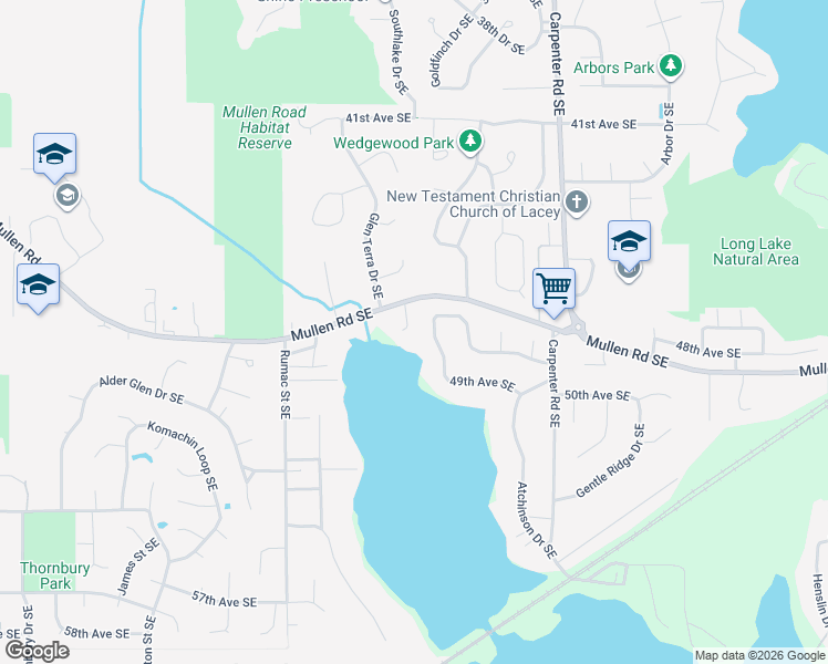 map of restaurants, bars, coffee shops, grocery stores, and more near 7111 Mullen Road Southeast in Olympia