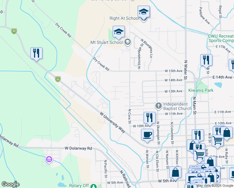 map of restaurants, bars, coffee shops, grocery stores, and more near 1204 Rainier Street in Ellensburg