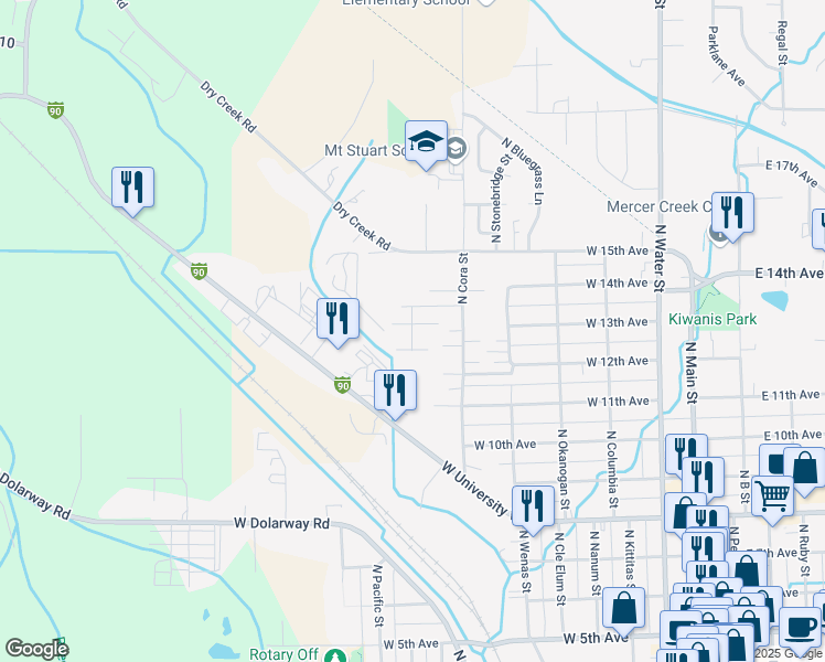 map of restaurants, bars, coffee shops, grocery stores, and more near 1204 Rainier Street in Ellensburg
