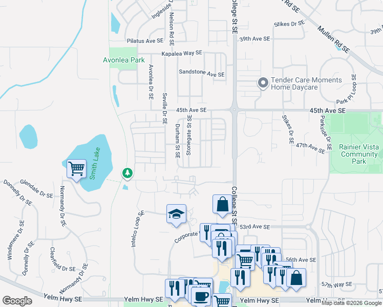 map of restaurants, bars, coffee shops, grocery stores, and more near 4820 Durham Street Southeast in Lacey