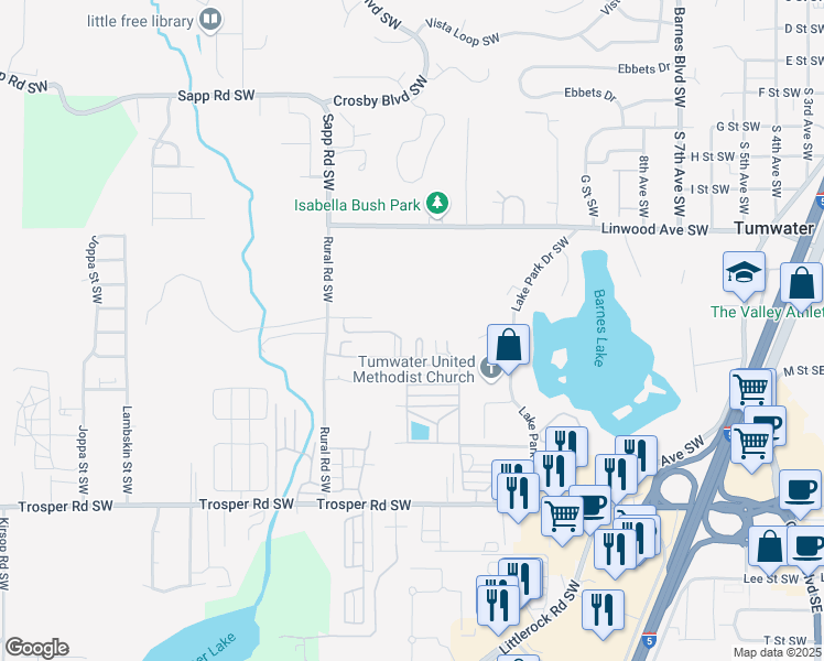 map of restaurants, bars, coffee shops, grocery stores, and more near 4874 Rural Road Southwest in Tumwater