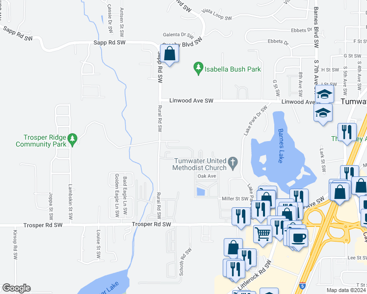 map of restaurants, bars, coffee shops, grocery stores, and more near 4862 Rural Road Southwest in Tumwater