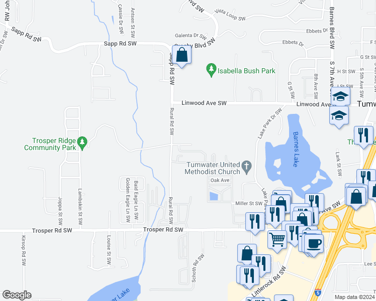 map of restaurants, bars, coffee shops, grocery stores, and more near 4862 Rural Road Southwest in Tumwater