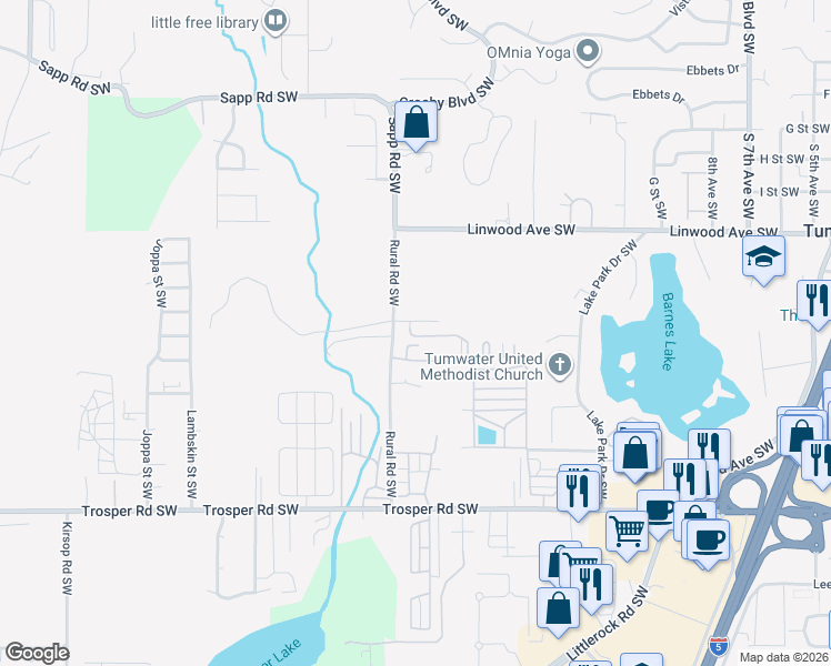 map of restaurants, bars, coffee shops, grocery stores, and more near 4854 Rural Road Southwest in Tumwater