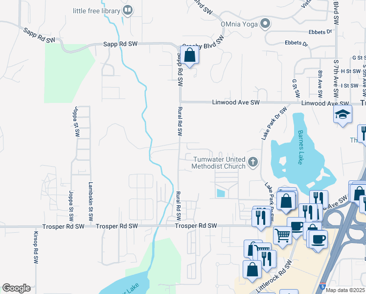 map of restaurants, bars, coffee shops, grocery stores, and more near 4822 Rural Road Southwest in Tumwater