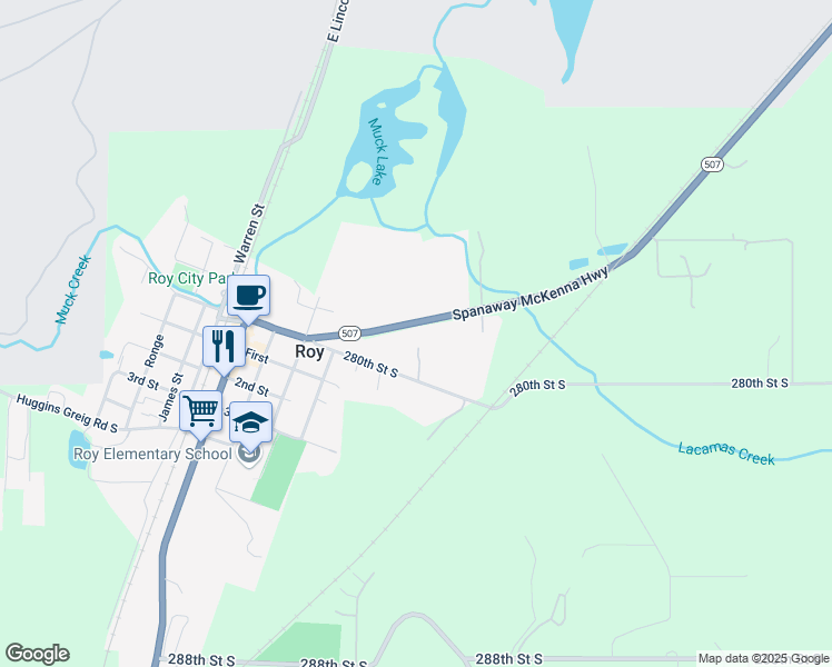 map of restaurants, bars, coffee shops, grocery stores, and more near 7915 280th Street South in Roy