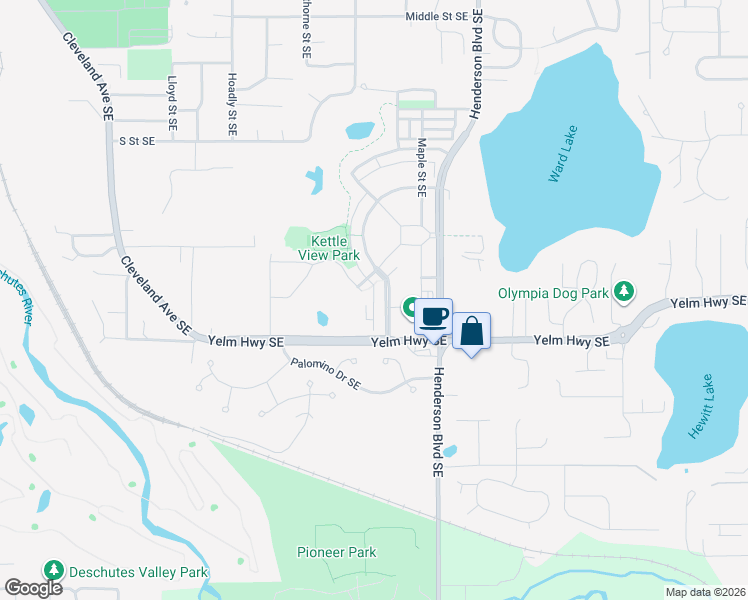 map of restaurants, bars, coffee shops, grocery stores, and more near 4523 Briggs Drive Southeast in Olympia