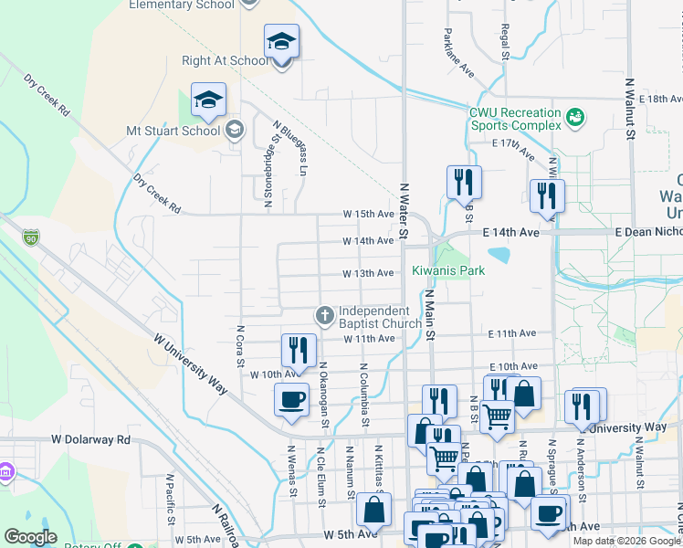 map of restaurants, bars, coffee shops, grocery stores, and more near West 13th Avenue in Ellensburg