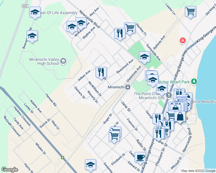 map of restaurants, bars, coffee shops, grocery stores, and more near 437 Manny Drive in Miramichi