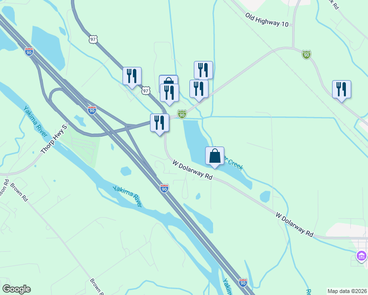 map of restaurants, bars, coffee shops, grocery stores, and more near 1206 North Dolarway Road in Ellensburg