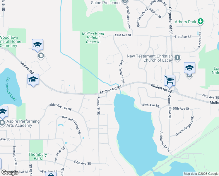 map of restaurants, bars, coffee shops, grocery stores, and more near 6918 Mullen Road Southeast in Olympia