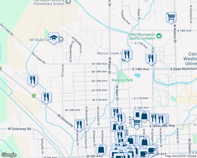 map of restaurants, bars, coffee shops, grocery stores, and more near 315 West 13th Avenue in Ellensburg