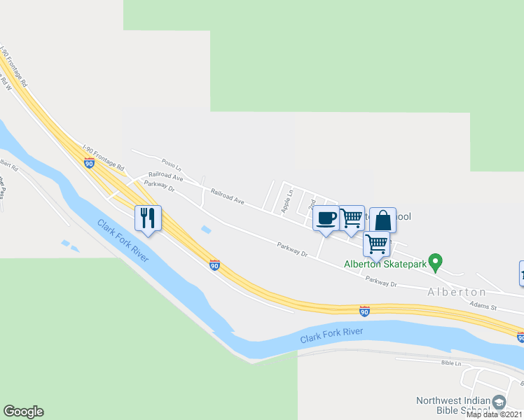 map of restaurants, bars, coffee shops, grocery stores, and more near Railroad Street in Alberton