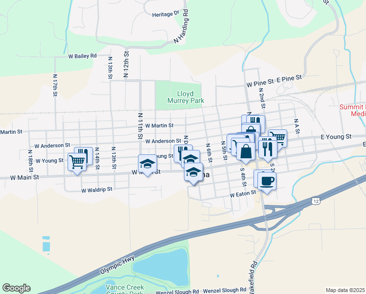 map of restaurants, bars, coffee shops, grocery stores, and more near 820 West Anderson Street in Elma