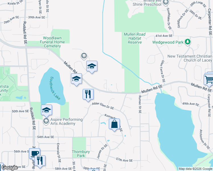 map of restaurants, bars, coffee shops, grocery stores, and more near 6436 Mullen Road Southeast in Lacey