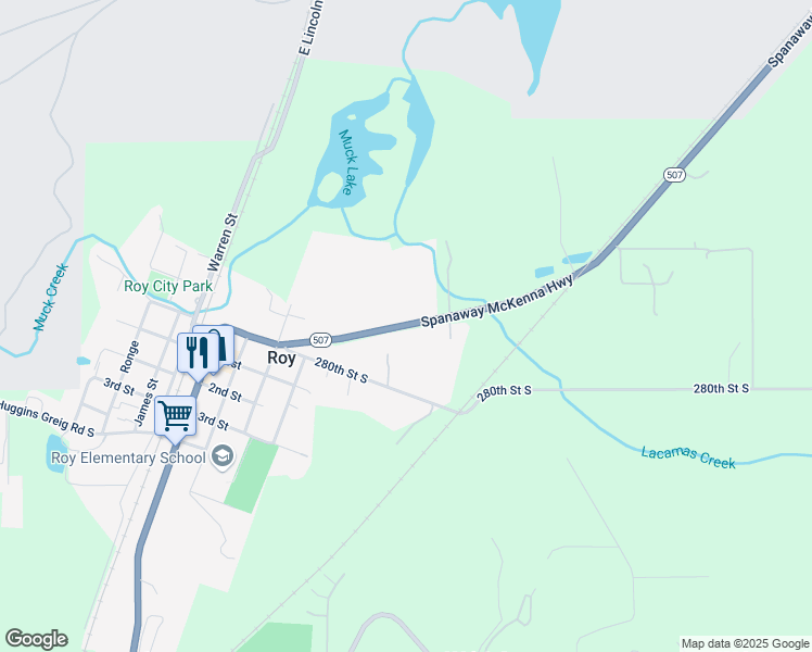 map of restaurants, bars, coffee shops, grocery stores, and more near 27812 Route 507 in Roy