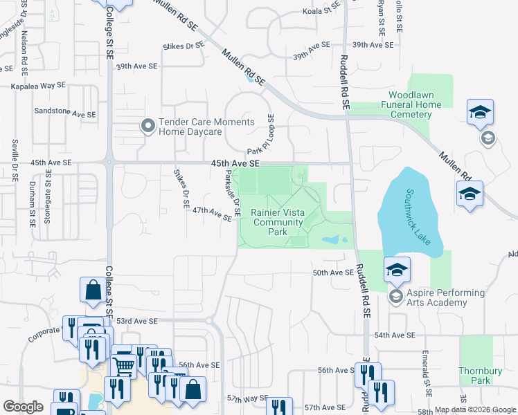 map of restaurants, bars, coffee shops, grocery stores, and more near 5475 45th Avenue Southeast in Lacey