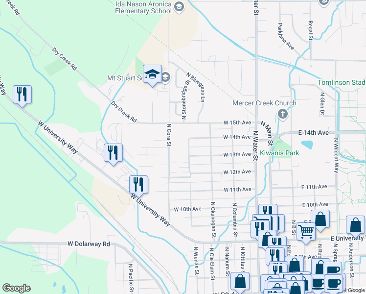 map of restaurants, bars, coffee shops, grocery stores, and more near 1315 North Delphine Street in Ellensburg