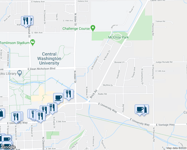 map of restaurants, bars, coffee shops, grocery stores, and more near 1304 North Brooklane Street in Ellensburg