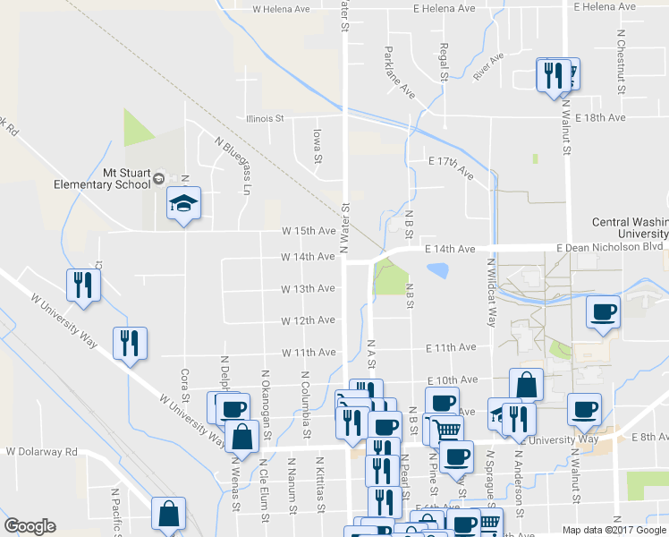 map of restaurants, bars, coffee shops, grocery stores, and more near 1307 N Water St in Ellensburg