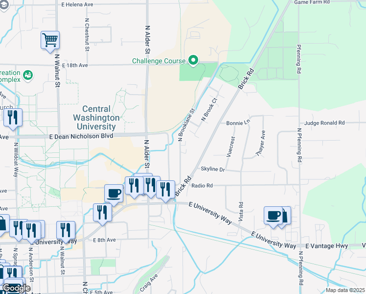 map of restaurants, bars, coffee shops, grocery stores, and more near 1300 North Brooklane Street in Ellensburg