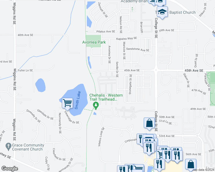 map of restaurants, bars, coffee shops, grocery stores, and more near 4610 Springfield Lane Southeast in Lacey