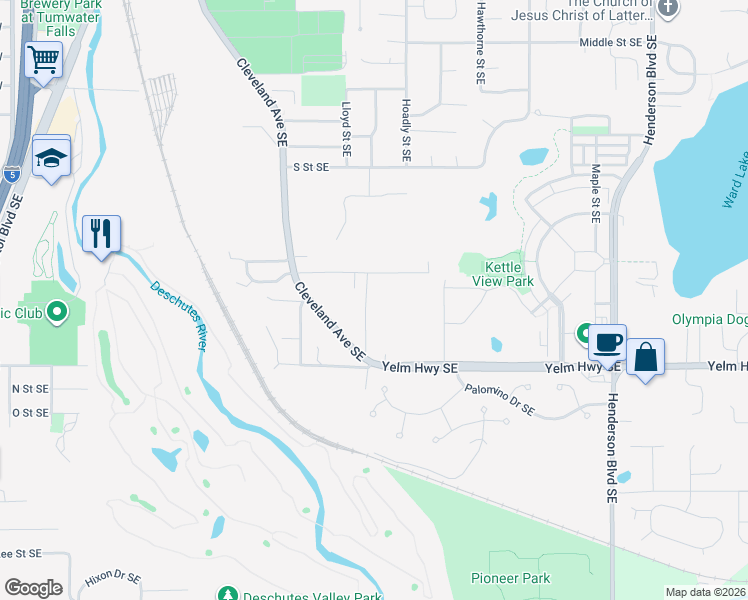 map of restaurants, bars, coffee shops, grocery stores, and more near 4708 Delta Lane Southeast in Tumwater