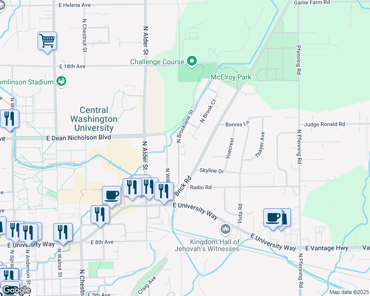 map of restaurants, bars, coffee shops, grocery stores, and more near 1304 North Brooklane Street in Ellensburg