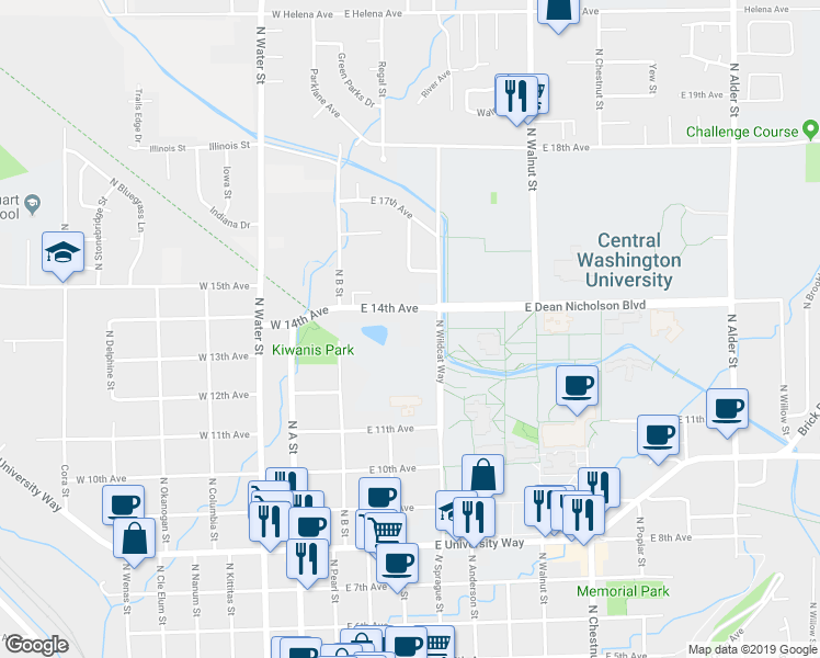 map of restaurants, bars, coffee shops, grocery stores, and more near 206 East 14th Avenue in Ellensburg