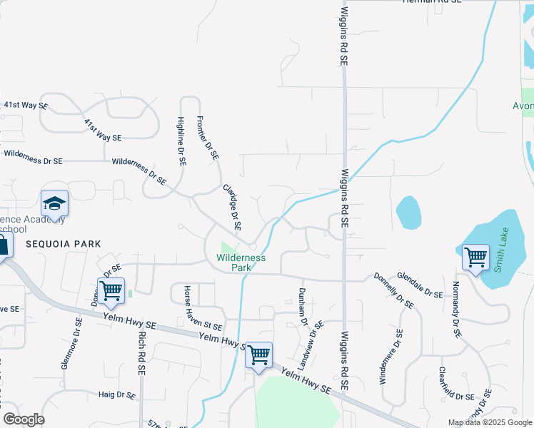 map of restaurants, bars, coffee shops, grocery stores, and more near 3314 Wilderness Drive Southeast in Olympia
