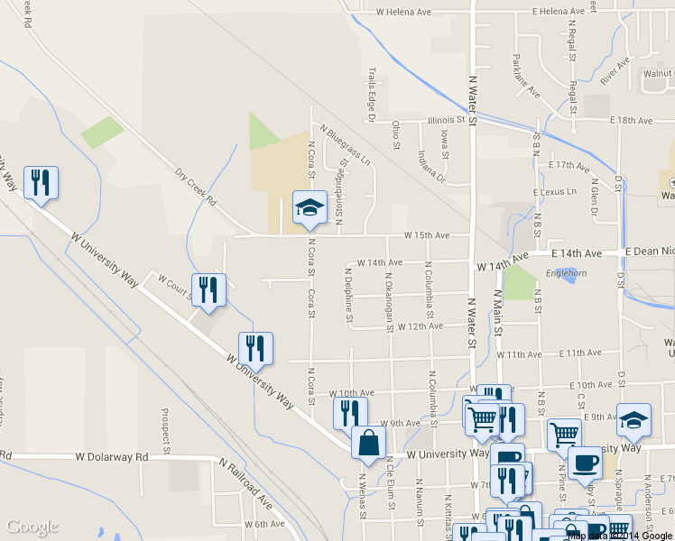 map of restaurants, bars, coffee shops, grocery stores, and more near 1315 North Delphine Street in Ellensburg
