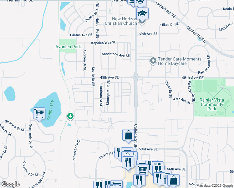 map of restaurants, bars, coffee shops, grocery stores, and more near 4652 Rochelle Street Southeast in Lacey